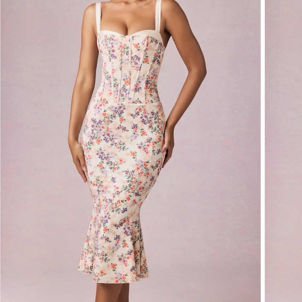 Oh Polly Floral Print Corset Midi Dress